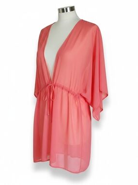 NWT Time and Tru Coral Sheer Kimono V-Neck Cover-Up with Drawstring